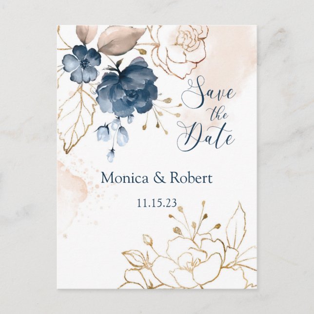 Carte Postale Marine bleu & or roses Sauvez la date (Devant)