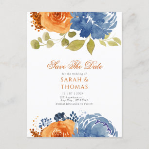 Carte Postale Marine Bleu Orange Boho Floral Automne Enregistrer