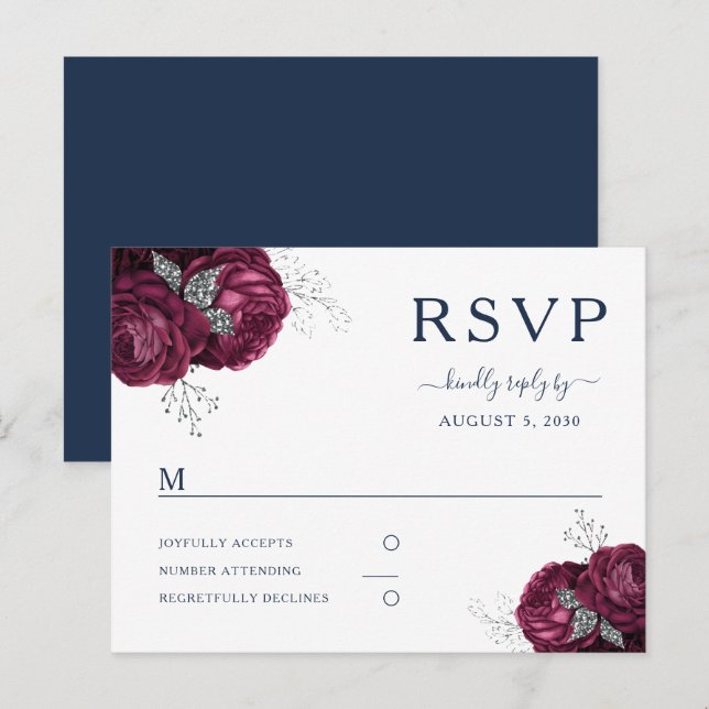 Carte Postale Marine Bleue Bourgogne pivoines Floral Wedding RSV (Devant / Derrière)
