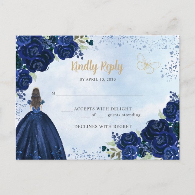 Carte Postale Marine Blue Gold Floral Princesse Quinceañera RSVP (Devant)