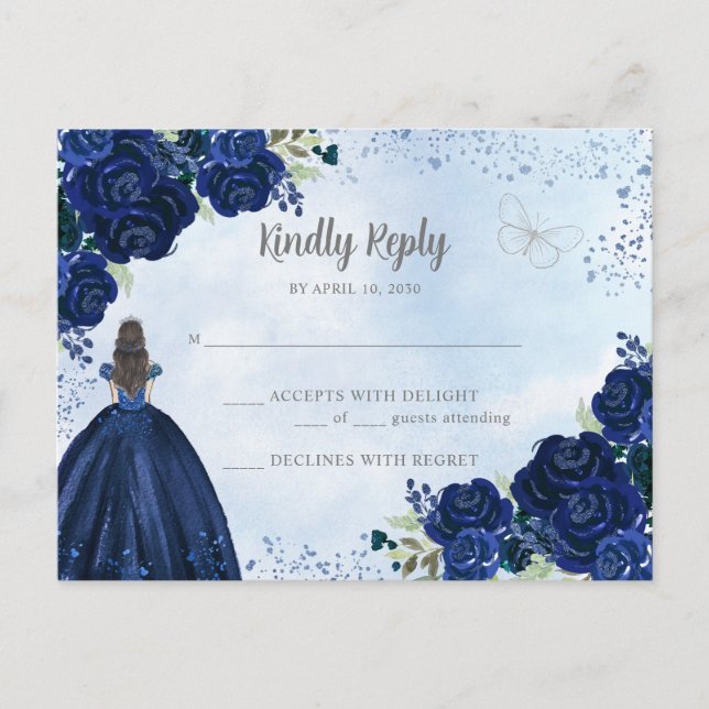 Carte Postale Marine Blue Silver Floral Princesse Quinceañera RS (Devant)