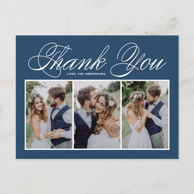 Carte Postale Marine Blue Trois photo Collage Mariage Merci (Devant)