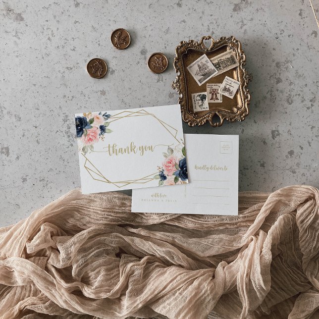 Carte Postale Marine Floral Rose Géométrique Doré Merci (Créateur téléchargé)
