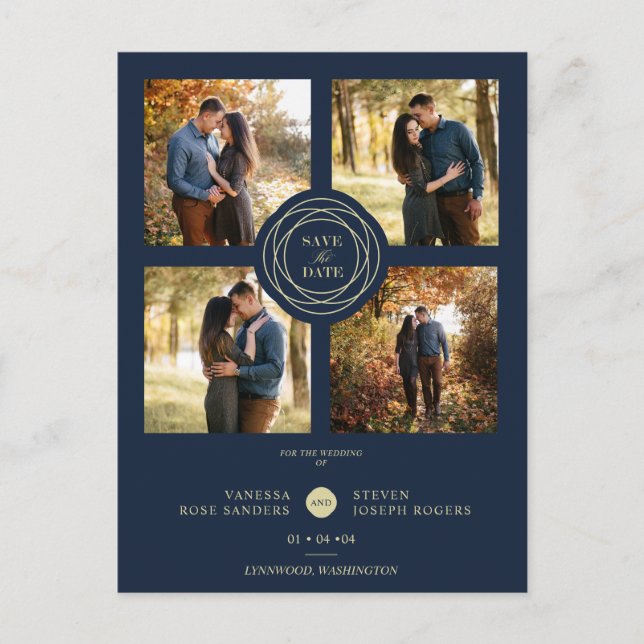 Carte Postale Marine Gold 4 Photos Moderne Collage Mariage Scrip (Devant)