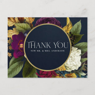 CARTE POSTALE MARINE OR RETRO BURGUNDY FLORAL MARIAGE MERCI