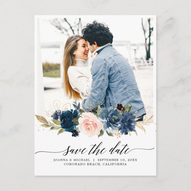 Carte Postale Marine Royal Blue Blush Floral Photo Enregistrer l (Devant)