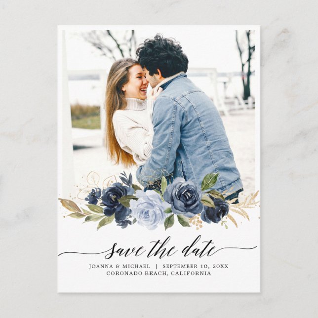 Carte Postale Marine Royal Blue Blush Floral Photo Enregistrer l (Devant)