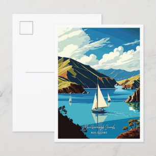 Carte Postale Marlborough Sounds Art illustration de voyage vint