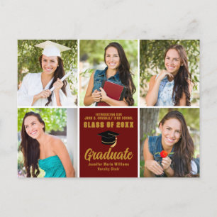 Carte Postale Maroon Gold Graduate Photo Collage Chic Graduate