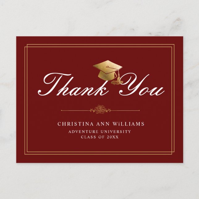 Carte Postale Maroon Gold White Script Graduation Thank You (Devant)
