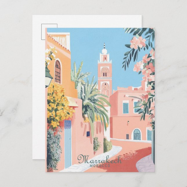 Carte Postale Marrakech Maroc Gouache Illustration Voyage (Devant / Derrière)