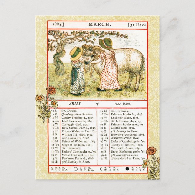 Carte Postale Mars 1884 Almanac.  Aries, Le Bélier (Devant)