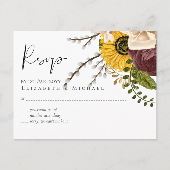 Carte Postale Marsala Roses Sunflowers Budget Mariage pas cher (Devant)