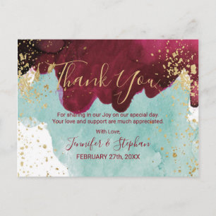 Carte Postale Marsala Rouge Turquoise Aquarelle or Merci de spla