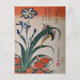 Carte Postale Martin-pêcheur commun, Iris Japonica et Œillet