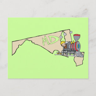 Carte Postale Maryland MD Map & Locomotive Cartoon Art Moto