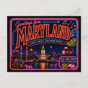 Carte Postale Maryland Neon État Rétro Vintage
