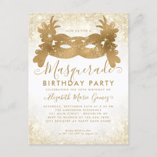 Carte Postale Mascarade Paillettes de Blanc D'or Fête d'Annivers