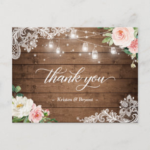 Carte Postale Mason Jar illumine le Merci Mariage Floral Rustiqu