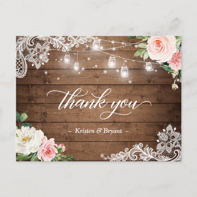 Carte Postale Mason Jar illumine le Merci Mariage Floral Rustiqu (Devant)