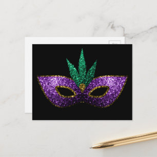 Carte Postale Masque Mardi Gras Violet Vert Or Paillettes noir