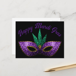 Carte Postale Masque vert pourpre Étincelles Joyeux Mardi Gras