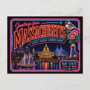 Carte Postale Massachusetts Neon État Rétro Vintage