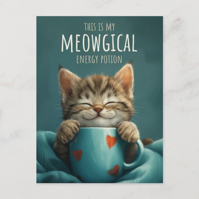 Carte Postale Matin Féerique, un Chat Mignon et Art du Café (Devant)