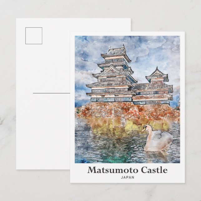 Carte Postale Matsumoto Castle Japon Voyage Aquarelle croquis (Devant / Derrière)