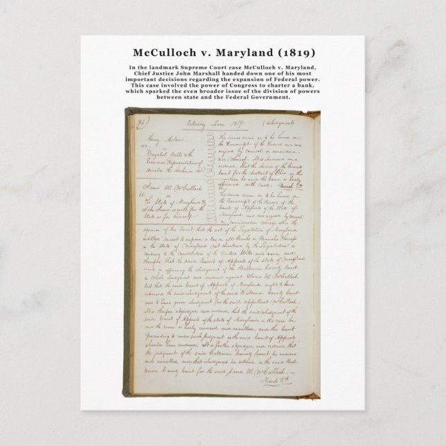 Carte Postale McCulloch c. Maryland, 17 U.S. 316 (1819) (Devant)