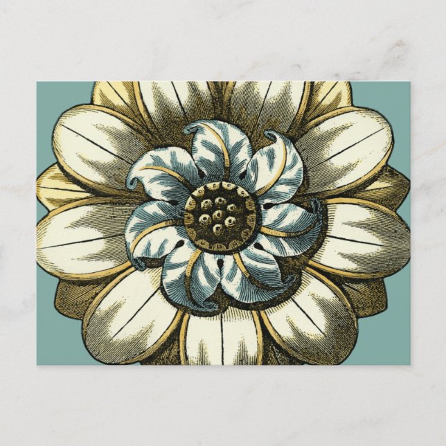 Carte Postale Médaillon Floral Orné sur Fond Bleu Clair (Devant)
