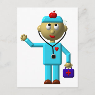 Carte Postale Médecin idiot avec pomme sur la tête et sac Médica
