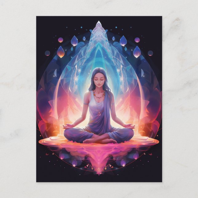 Carte Postale Méditant Yoga Girl, Cristaux couleurs vibrantes (Devant)