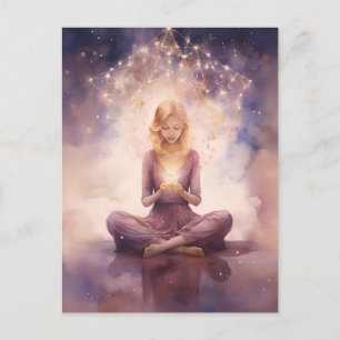 Carte Postale Méditer Yoga Céleste Nuages Bleu Rose