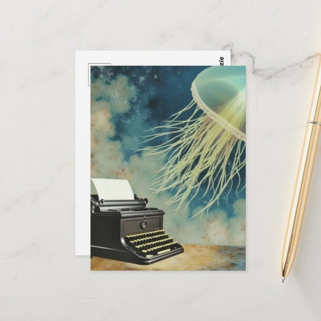 Carte Postale Méduse et machine à écrire (Devant/Arrière en situation)