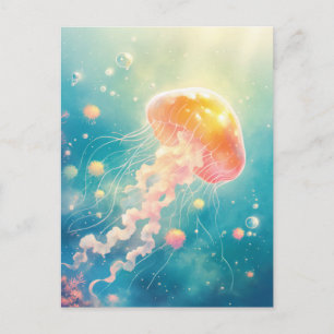 Carte Postale Méduse Orange Doré Brillante dans l'Océan Turquois