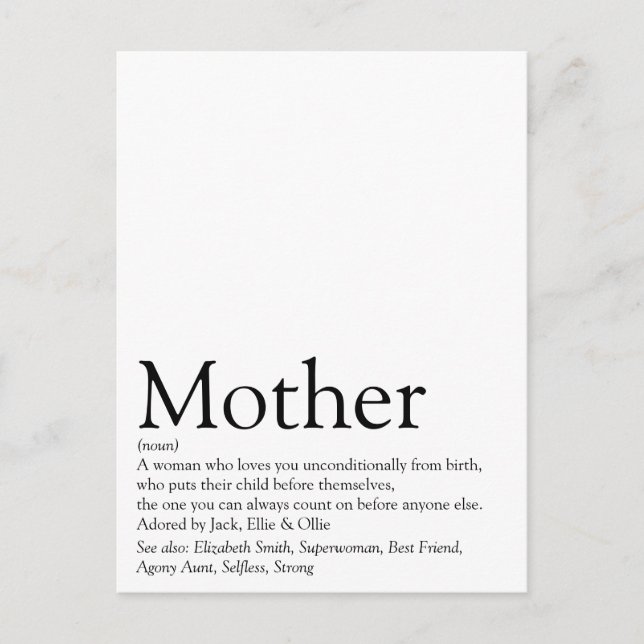Carte Postale Meilleure Maman du Monde, Maman, Définition de Mèr (Devant)