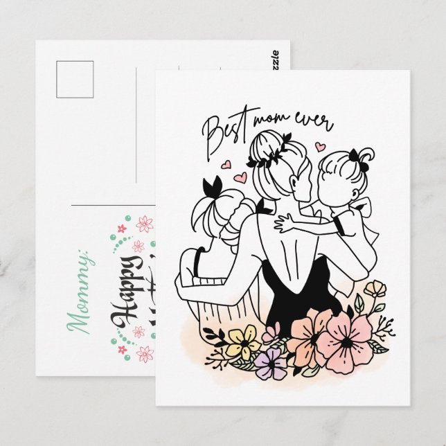 Carte Postale Meilleure maman jamais maman maman, enfants/ fleur (Devant / Derrière)