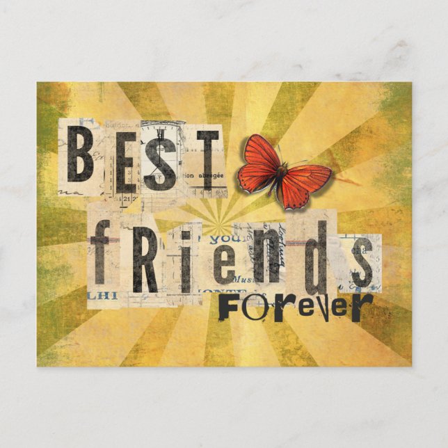 Carte Postale Meilleurs amis Collage Word découper Papillon Vint (Devant)