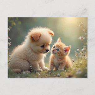 Carte Postale Meilleurs amis - joli chiot et chaton dans l'herbe