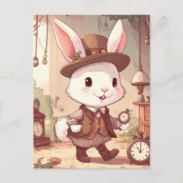 Carte Postale Mélange White Rabbit Wonderland Whimsical Timekeep (Devant)