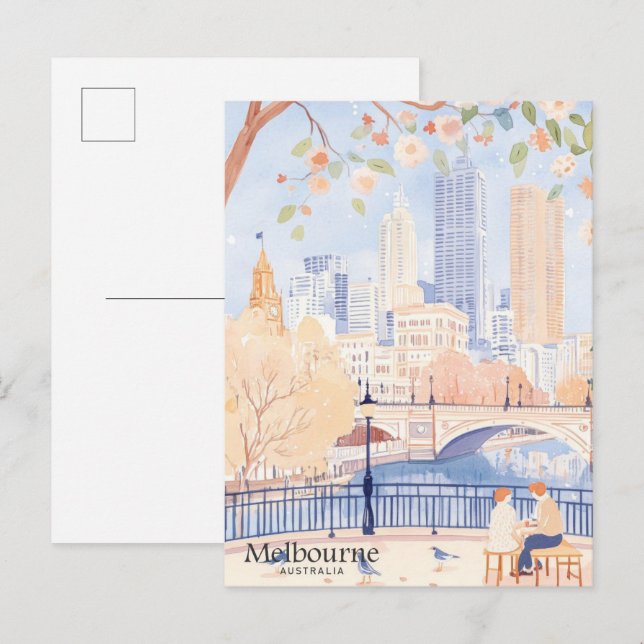 Carte Postale Melbourne Australie Gouache Illustration Voyage (Devant / Derrière)