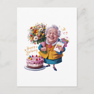 Carte Postale Mémé à vélo avec gâteau et ballons