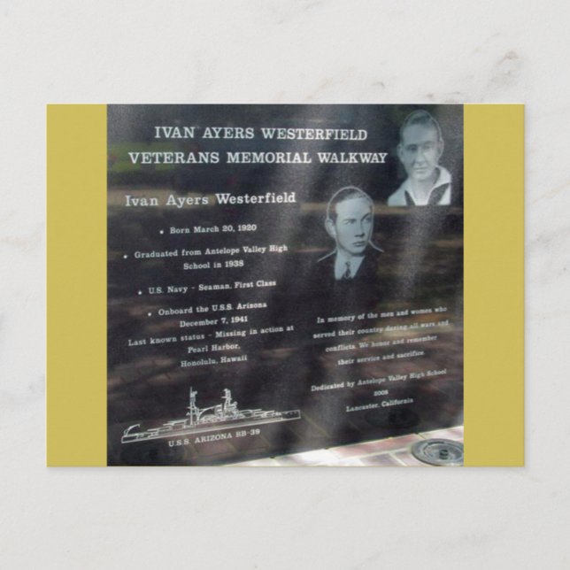 Carte Postale Mémorial à Ivan Ayers Westerfield (1920-1941) (Devant)