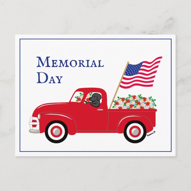 Carte Postale Memorial Day camion rouge Labrador noir avec bordu (Devant)