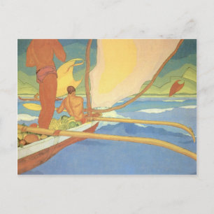 Carte Postale 'Men in an Outrigger Canoe Headed for Shore'