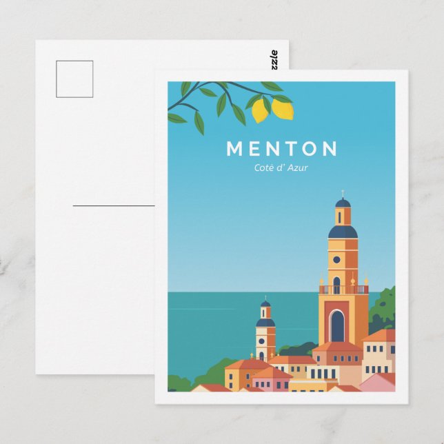 Carte Postale Menton Côte de Azur Lieu de voyage Illustration (Devant / Derrière)
