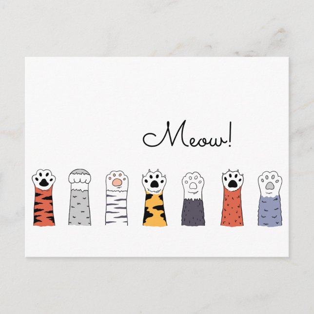 Carte Postale MEOW ! Chat Paws Pet Animaux Chats Tiger Coloré Am (Devant)