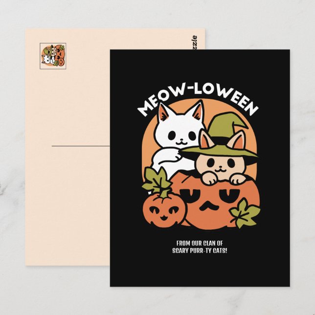 Carte Postale Meow-Loween - Festive Halloween Conception de chat (Devant / Derrière)