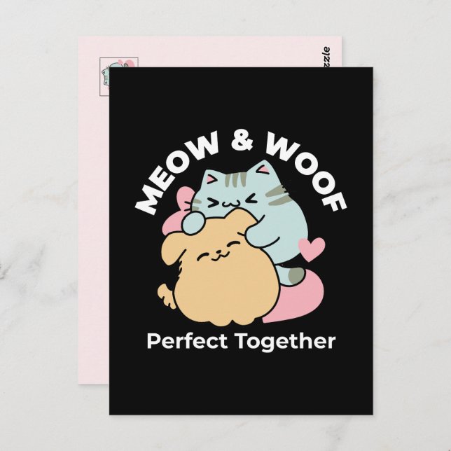Carte Postale Meow & Woof Perfect Together - Cute Cat and Dog (Devant / Derrière)
